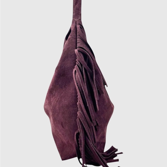 Genuine Leather Burgundy Purple Suede Fringe Hobo Shoulder Bag - Picture 2 of 8